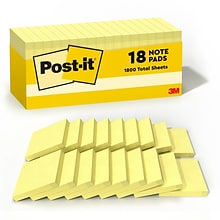 Post-it Notes, 3 x 3, Canary Collection, 90 Sheet/Pad, 18 Pads/Pack (654-18CP)