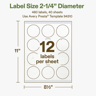 Avery Hemp Round Laser/Inkjet Multipurpose Labels, 2-1/4" Dia, Off-White (480/Box)