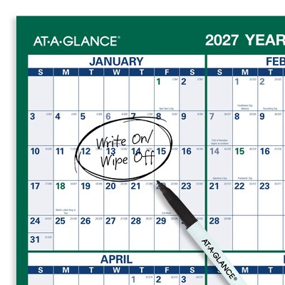 2027 AT-A-GLANCE 24" x 36" Yearly Dry Erase Wall Calendar, Reversible, White/Green (PM210-28-27)