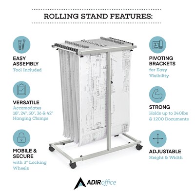 AdirOffice Steel Mobile Blueprint Storage File Storage Cart, Gray (614-6036)