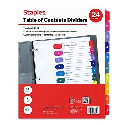 Staples Customizable Table of Contents Numeric Dividers, 10-Tabs, 24 Sets, Multicolor
