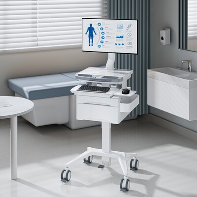 Mount-It! MedHub Mobile Medical Cart Workstation with Drawers, Monitor Mount, and Locking Caster Wheels, White/Grey (MI-16025)