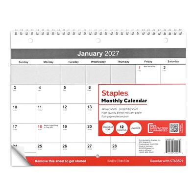 2027 Staples 11 x 8.5 Monthly Wall Calendar, White/Red/Gray (ST63591-27)