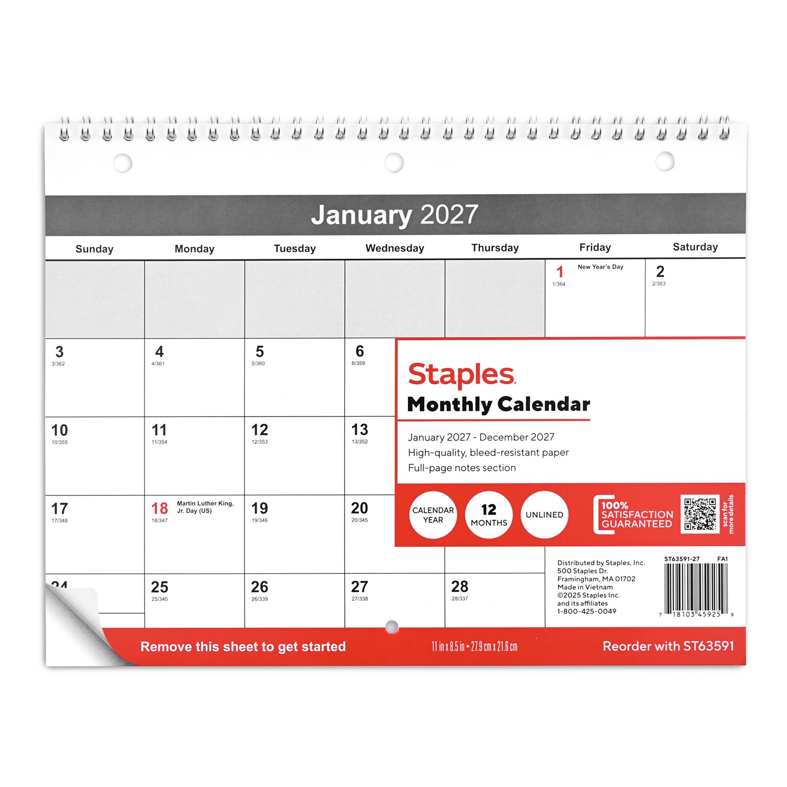 2027 Staples 11 x 8.5 Monthly Wall Calendar, White/Red/Gray (ST63591-27)