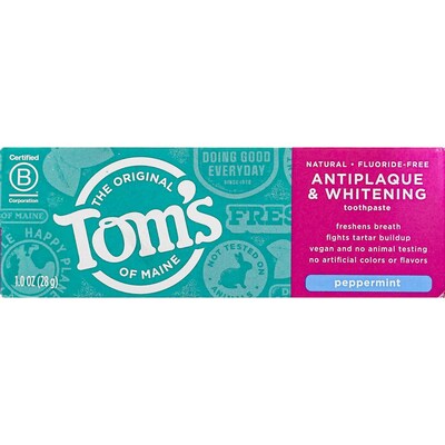 Toms of Maine Antiplaque and Whitening Fluoride-Free Toothpaste, 1 oz Travel Size Tube, 8 Tubes/Bag