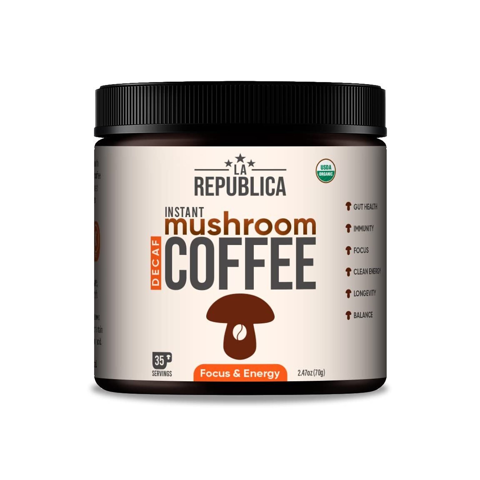 La Republica Organic Instant Decaf Mushroom Coffee w/ 7 Superfood Mushrooms, Fair Trade Arabica Coffee, 35 Servings (LARR-OMDC)