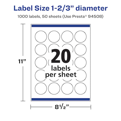 Avery Laser/Inkjet Circle Waterproof Multipurpose Labels, 1.67" Dia, White, 1000/Box (94508)