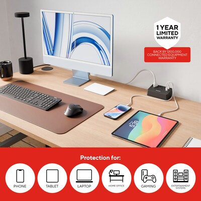 Staples TECH 3-Outlet 3-USB Port Surge Protector, 5', 900 Joules, Black (ST62770)