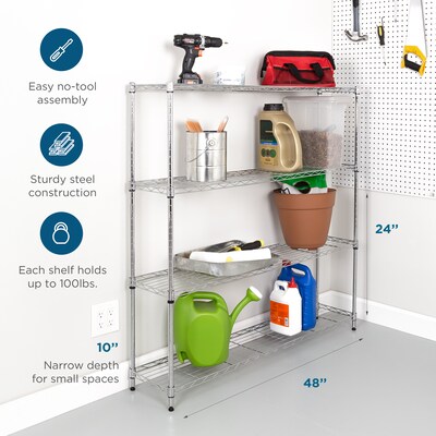 Honey-Can-Do 4-Tier Slim Profile Wide Shelving Unit, 48 x 10 x 48, Chrome (SHF-10023)