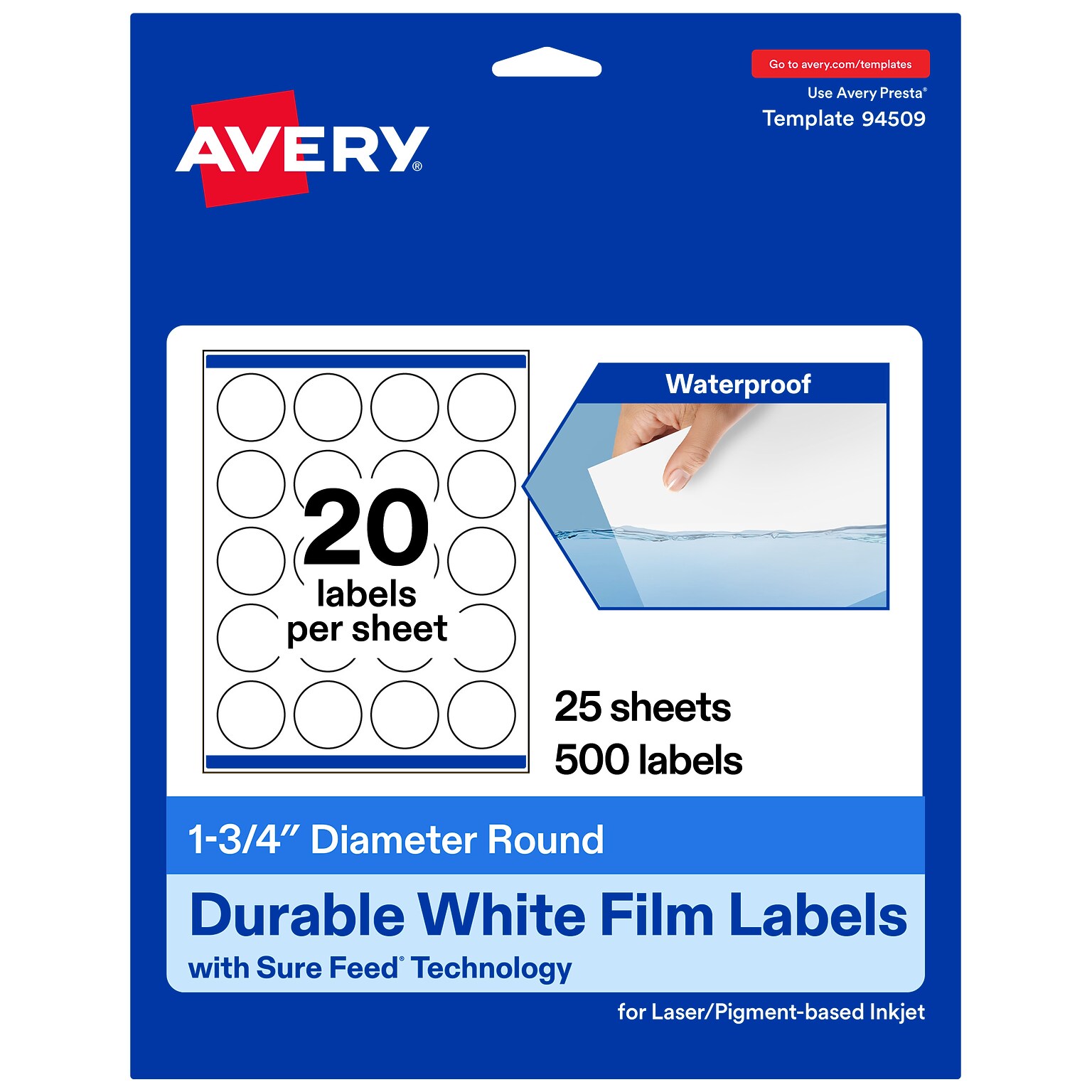 Avery Round Laser/Inkjet Round Multipurpose Labels, 1.75 Dia, White, 500 Labels/Pack (94509)