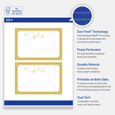 Avery Gold-Metallic Ornaments Matte Blank Card, White, 20/Pack (S00-FH3)