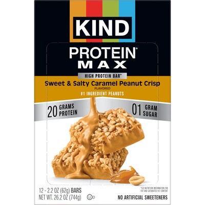 KIND Protein MAX Gluten Free Sweet & Salty Caramel Peanut Crisp Protein Bar, 2.2 oz., 12 Bars/Box (43475)