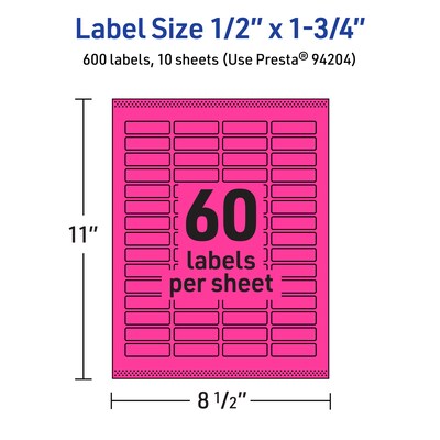 Avery Laser/Inkjet Rectangle Multipurpose Labels, 0.5" x 1.75", Neon Magenta, 600/Pack (94204)