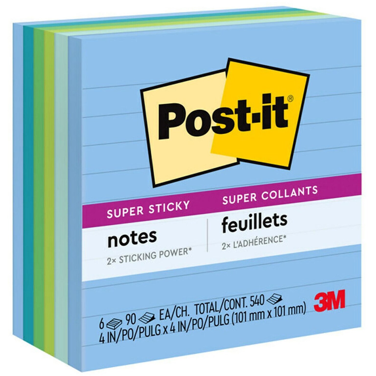 Post-it Recycled Super Sticky Notes, 4 x 4, Oasis Collection, Lined, 90 Sheets/Pad, 6 Pads/Pack (675-6SST)