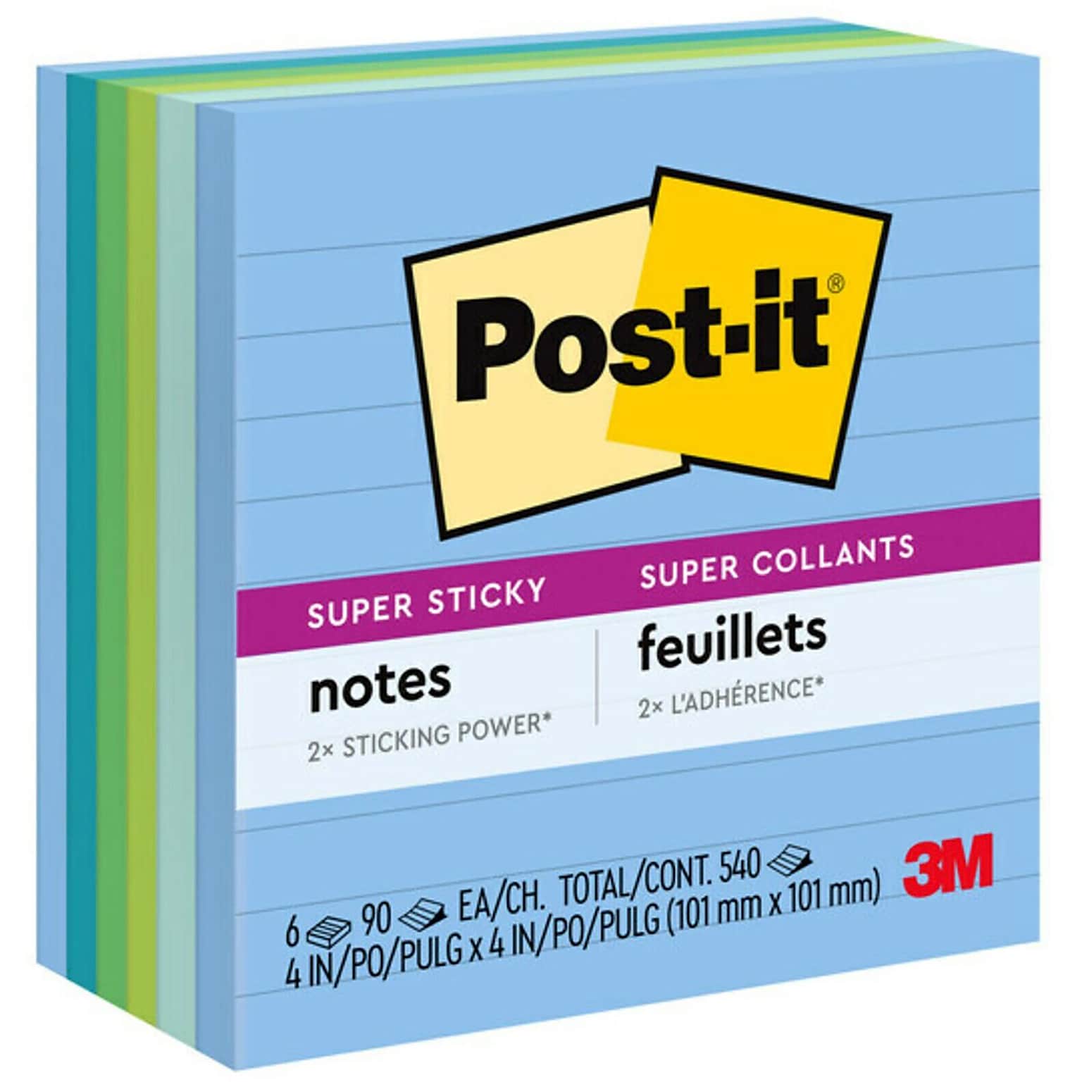 Post-it Recycled Super Sticky Notes, 4 x 4, Oasis Collection, Lined, 90 Sheet/Pad, 6 Pads/Pack (6756SST)