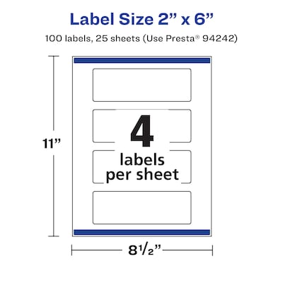 Avery Rectangle Laser/Inkjet Multipurpose Labels, 2" x 6", White, 100 Labels/Pack (94242)