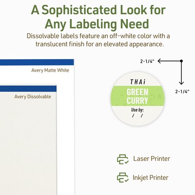 Avery Dissolvable Circle Multipurpose Labels, 2.25" Dia., Off-white, 300/Pack (94510)