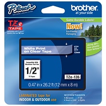Brother P-touch Laminated Label Maker Tape, 1/2 x 26-2/10, White on Clear (TZE-135)