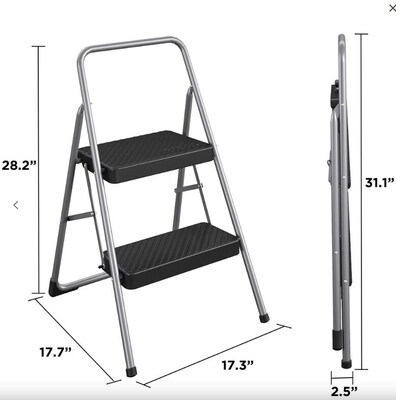 Cosco 2-Step Folding Steel Step Stool, 200 lb Capacity, 28.13" Working Height, Cool Gray (11137PBL1E)