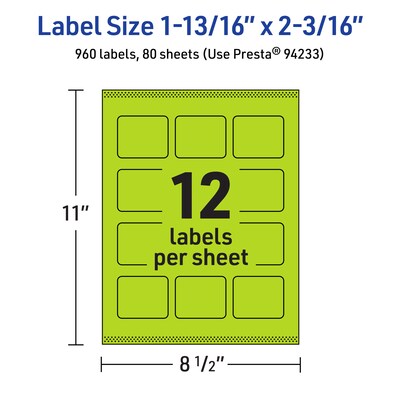 Avery Rectangle Multipurpose Labels, 1-13/16" x 2-3/16", Bright Green, 960/Box (94233)