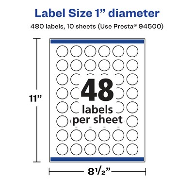 Avery Laser/Inkjet Round Multipurpose Labels, 1" Dia., Glossy Clear, 480 Labels/Pack (94500)