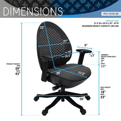 Techni Mobili Deco Lux Ergonomic Mesh Swivel Executive Chair, Black (RTA-1819C-BK)
