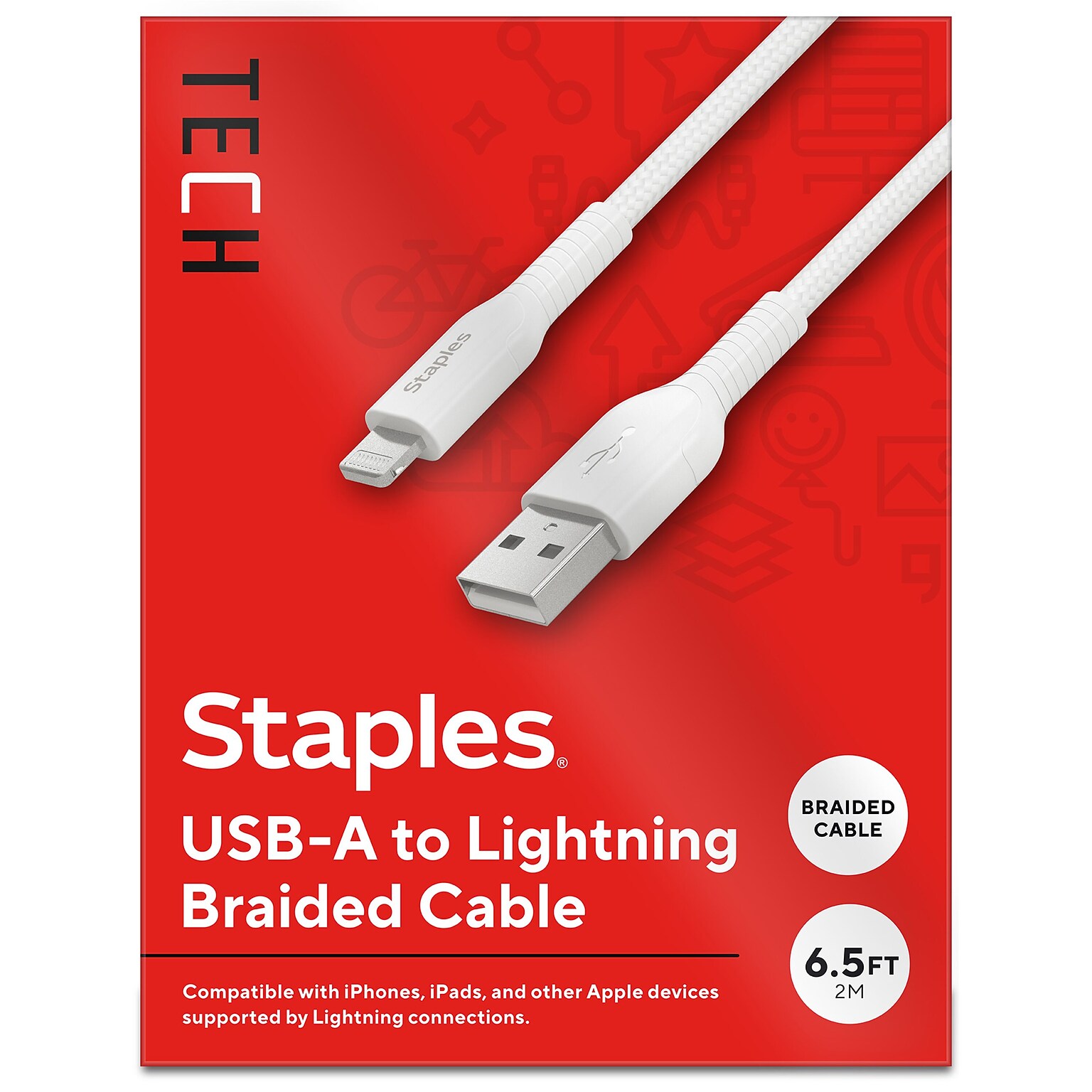 Staples TECH Lightning to USB-A Charging Cable, 6.6 ft., White (ST62331)