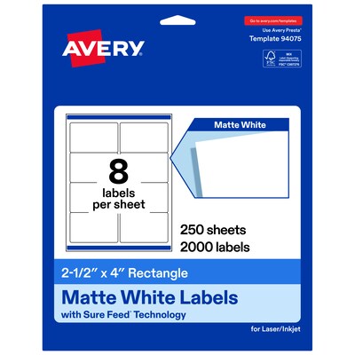 Avery Rectangle Laser/Inkjet Multipurpose Labels, White, 8 Labels/Sheet, 250 Sheets/Pack (19479311278)