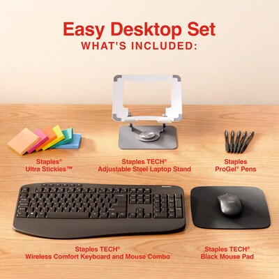 Staples Easy Desktop Set, Keyboard, Mouse, Mouse Pad, Laptop Stand, ProGel Pens & Sticky Notes (ST63