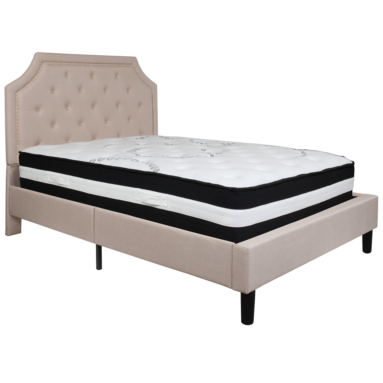 Flash Furniture Brighton Tufted Upholstered Platform Bed in Beige Fabric with Pocket Spring Mattress, Full (SLBM2)