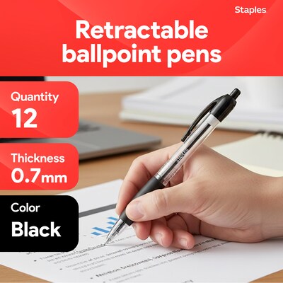 Staples® Retractable Ballpoint Pens, Fine Point, 0.7mm, Black Ink, Dozen (50786-CC)