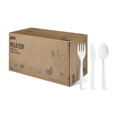 Perk™ Compostable PLA Assorted Cutlery, Medium-Weight, White, 360/Pack (PK56205)