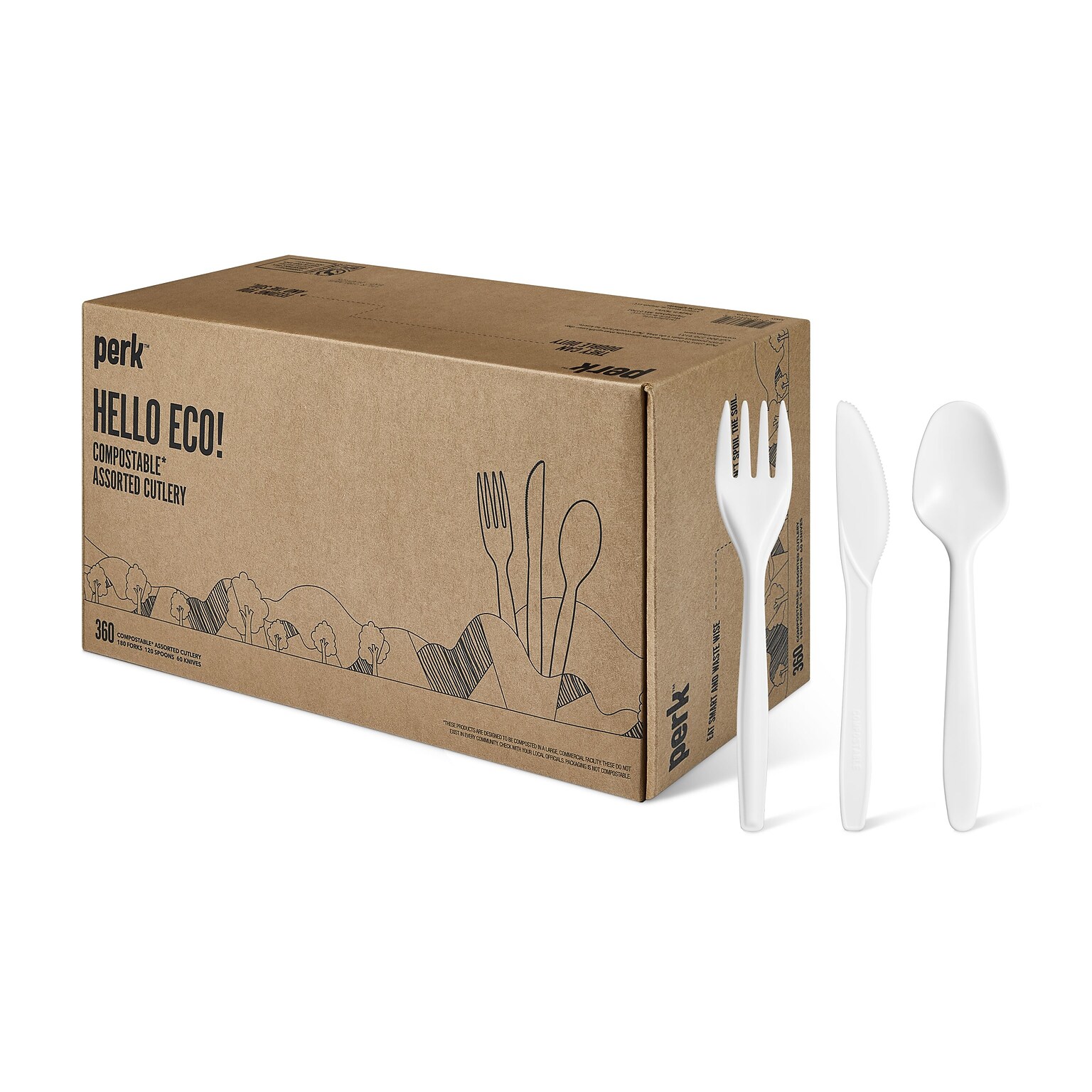 Perk™ Compostable PLA Assorted Cutlery, Medium-Weight, White, 360/Pack (PK56205)