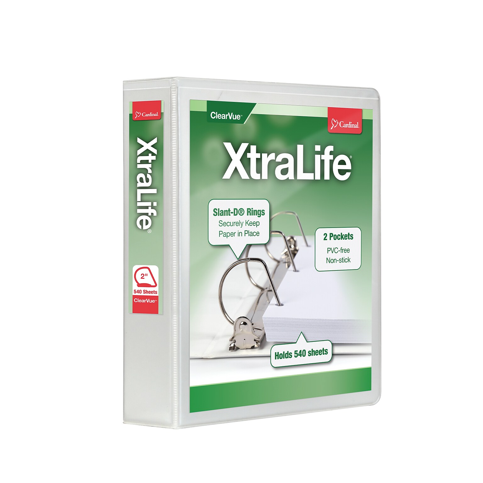 Cardinal XtraLife Heavy Duty 2 3-Ring View Binders, D-Ring, White (26320)