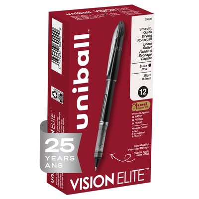 uni-ball Vision Elite Rollerball Pens, Micro Point, 0.5mm, Black Ink, Dozen (69000)