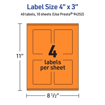Avery Laser/Inkjet Multipurpose Rectangle Labels, 4" x 3", Bright Orange, 40/Pack (94252)
