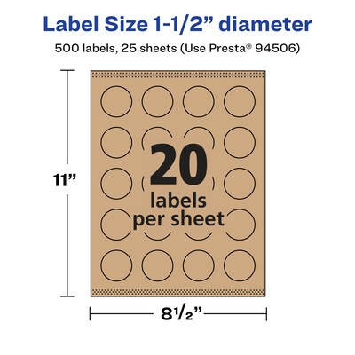 Avery Laser/Inkjet Round Multipurpose Labels, 1.5" Dia., Kraft Brown, 500 Labels/Pack (94506)