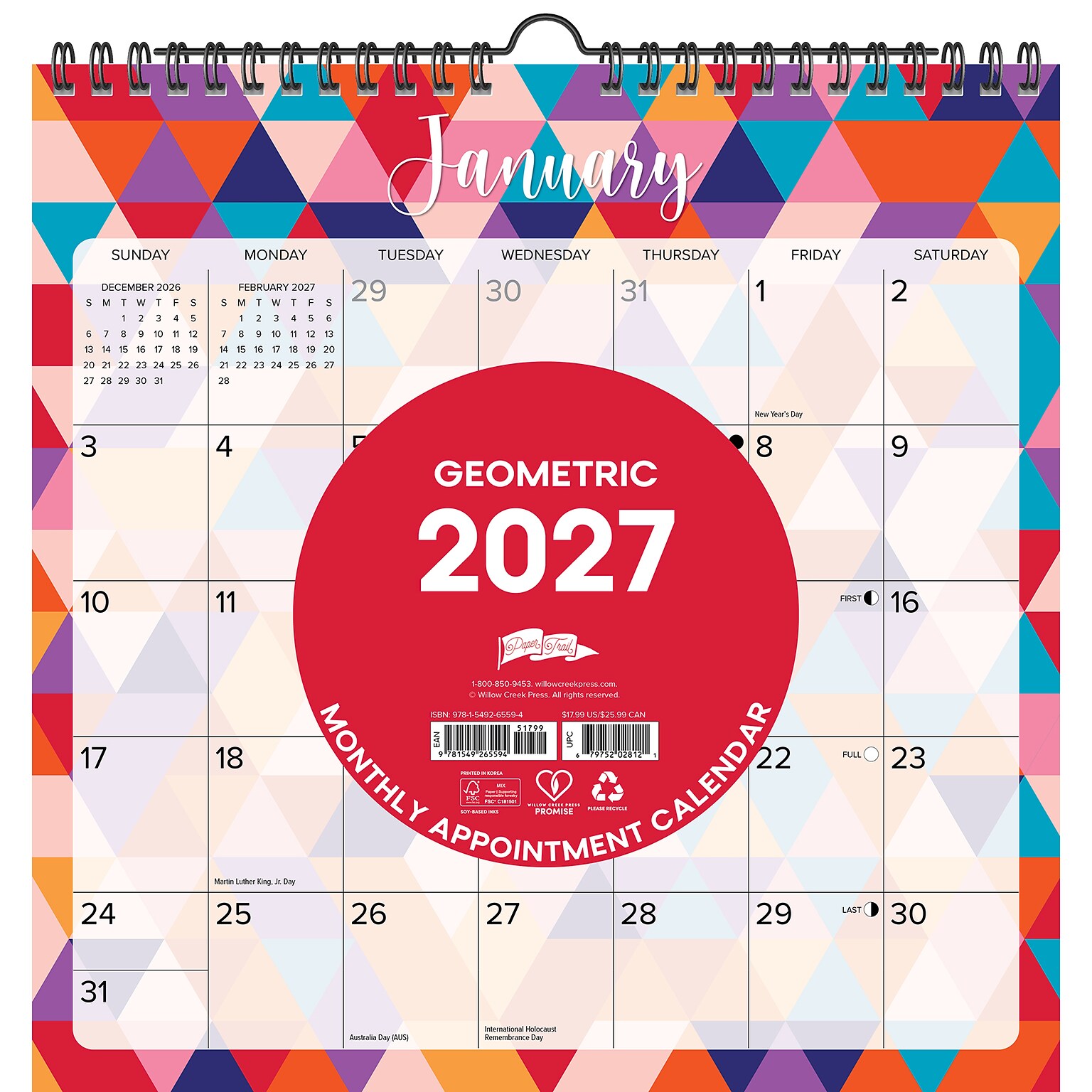 2027 Willow Creek Geometric 7.5 x 9.5 Monthly Wall Calendar, Assorted Colors (65594)