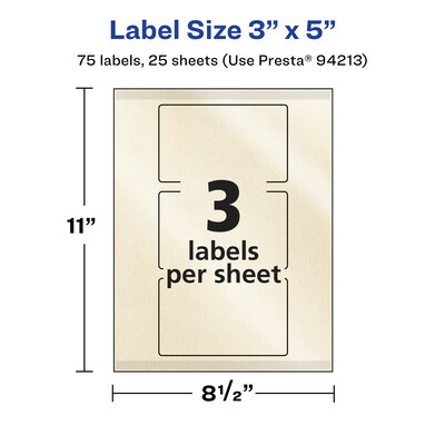 Avery Pearlized Ivory Rectangle Multipurpose Labels, 3" x 5", Ivory, 75/Pack (94213)
