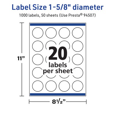 Avery TrueBlock Laser/Inkjet Circle Multipurpose Labels, 1-5/8" Dia., White, 1000/Box (94507)