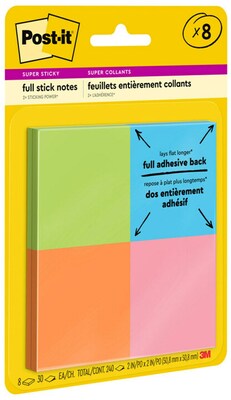 Post-it Full Adhesive Notes, 2" x 2", Energy Boost Collection, 25 Sheet/Pad, 8 Pads/Pack (F220-8SSAU)