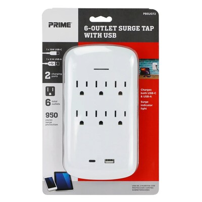 PRIME 6-AC Outlet and 2-USB Port Grounded Surge Protector Wall Tap, 950-Joules, White (PBSU072)