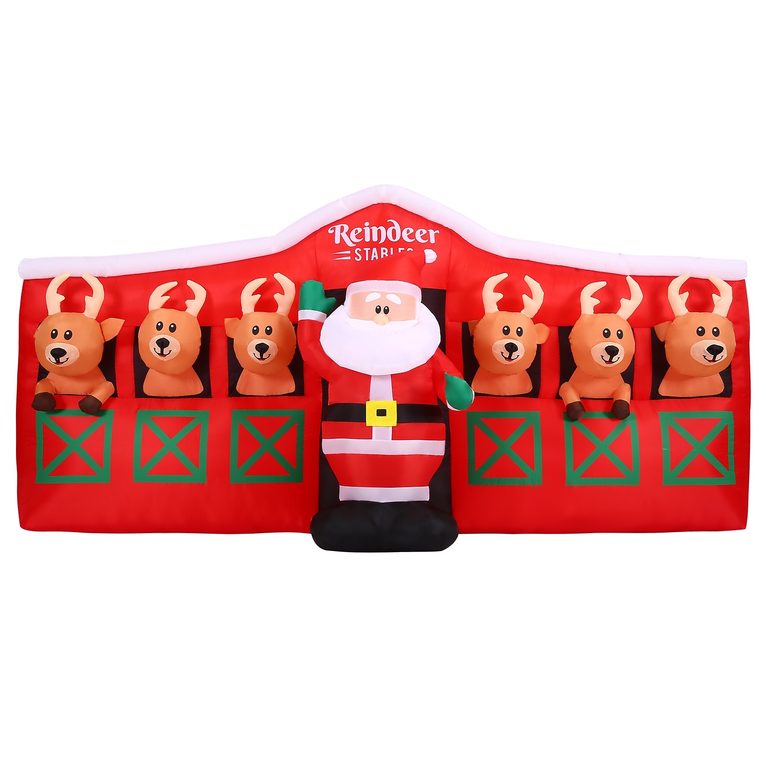 Fraser Hill Farm 4 Pre-Lit Inflatable Santa in Reindeer Stable (FHFRDRSTBLE041-L)