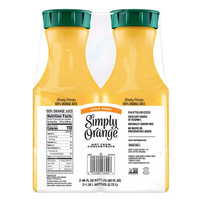 Simply 100% Orange Juice, No Sugar Added, No Pulp, 46 oz., 2/Pack (10014)