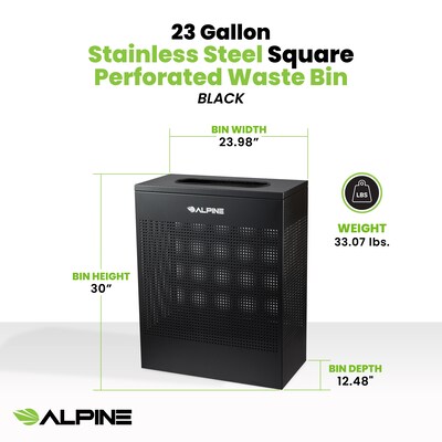 Alpine Industries Stainless Steel Trash Can, 23 Gallon, Black (ALP438-23-BLK-MK)
