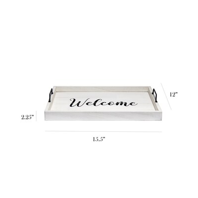 Elegant Designs Welcome Decorative Wood Serving Tray w/ Handles, 15.50 x 12, White Wash (HG2000-