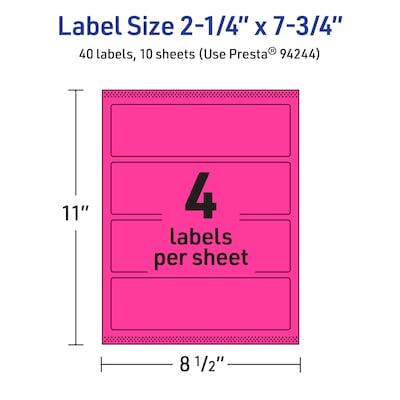 Avery Rectangle Laser/Inkjet Multipurpose Labels, 2.25" x 7.75", Neon Magenta (40/Pack)