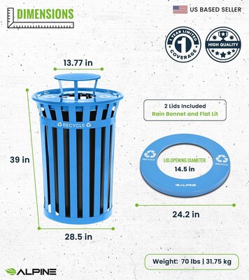 Alpine Industries Metal Commercial Outdoor Recycling Receptacle with Rain Bonnet Lid, 38 Gallon, Black/Blue (479-38-1-BLU)