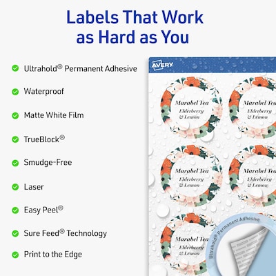 Avery Waterproof Round Laser Multipurpose Labels, 2 Dia., White, 600/Box (19479399406)