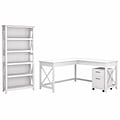 Bush Furniture Key West 60W L Shaped Desk with 2 Drawer Mobile File Cabinet and 5 Shelf Bookcase, P